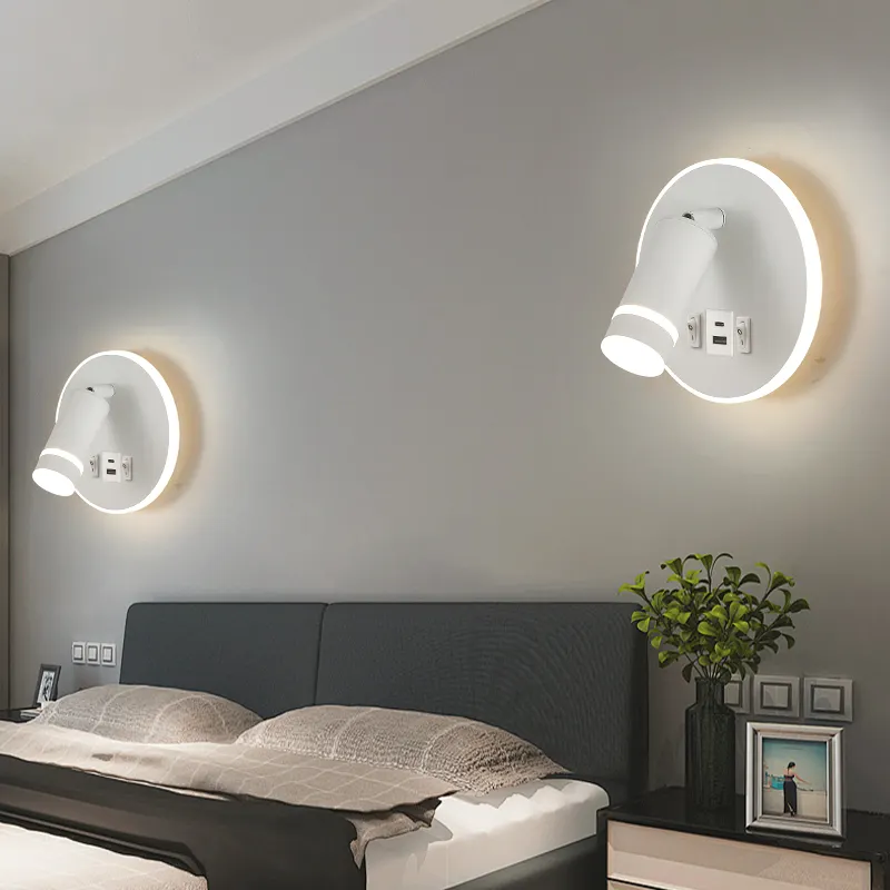 Lampe murale de chevet blanche ronde rechargeable, applique murale rotative moderne simple pour la maison avec USB type-c