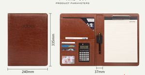 Cartella organizer con copertina in pelle PU con blocco note e calcolatrice solare agenda in pelle con fessure per carte, tasche in pelle e passante per penna - Product Image 2