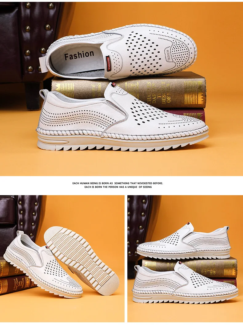 Men Fashion Footwear Summer White Leather Hollowed Men Casual Shoes