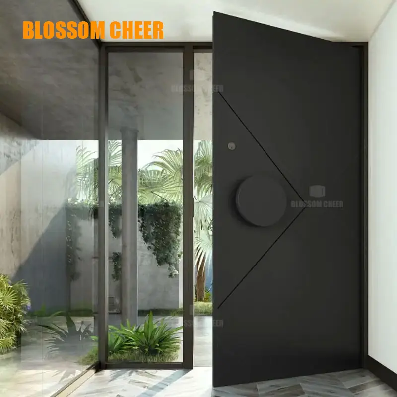 Porta pivotante de aço moderna de fábrica, porta de entrada externa para edifícios de apartamentos, porta de metal com design principal, portas giratórias