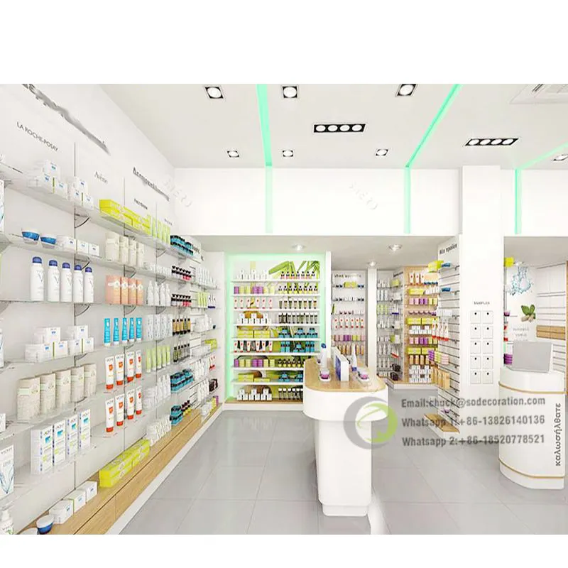 Estante de farmacia minorista personalizado, estante de exhibición de píldoras de farmacia, diseño de mostrador de tienda para decoración de muebles de tienda médica