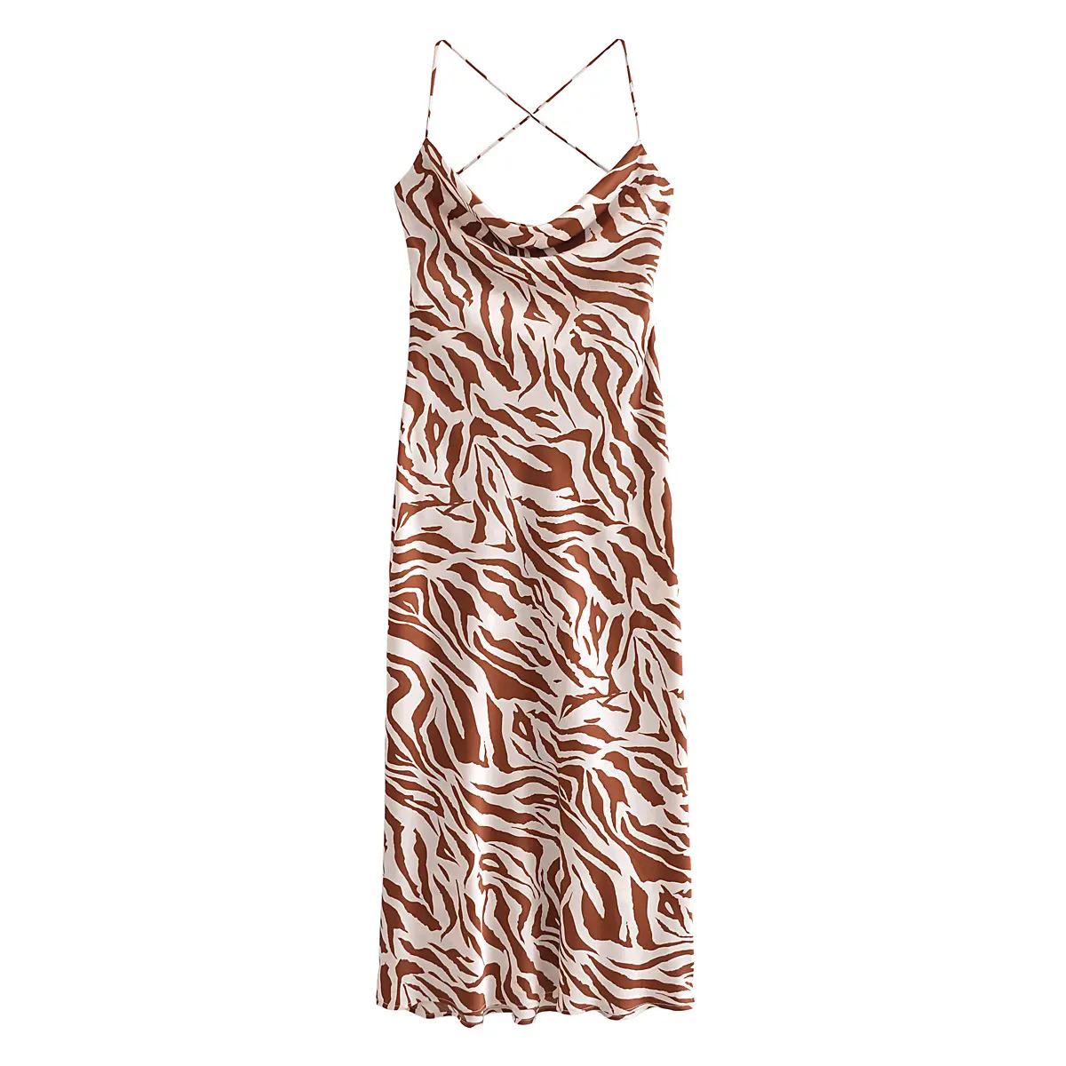 Maxi abito lungo in raso estivo da donna con stampa animalier di colore marrone