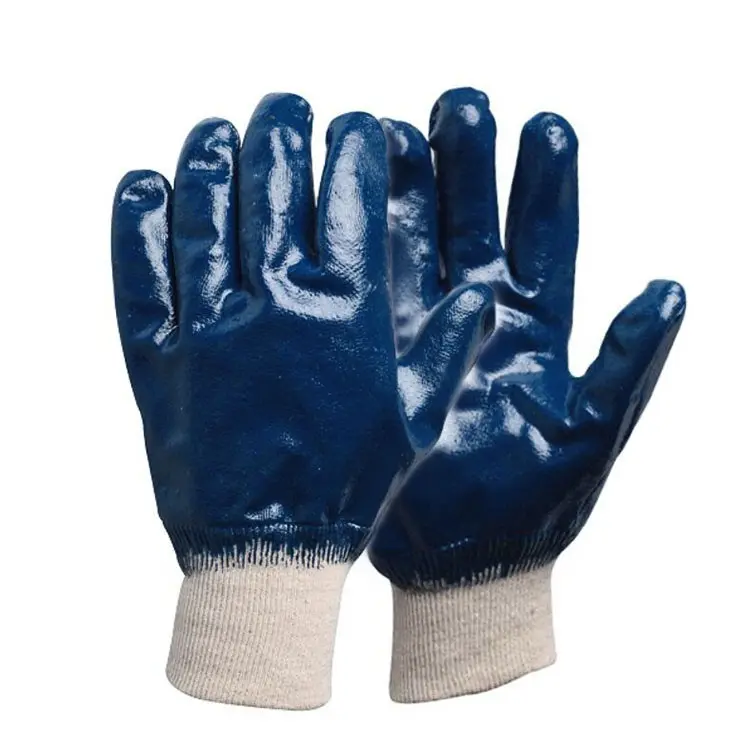 Großhandel industrielle Hands icherheit Arbeit gestrickte Manschette Jersey Liner Fiber Cotton voll getauchte blaue Nitril Palme beschichtete Handschuhe