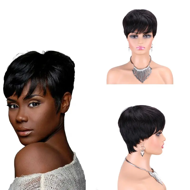 Perruques courtes en cheveux humains de 4 pouces Perruques coupe Pixie avec franges Perruques courtes ondulées noires pour femmes noires