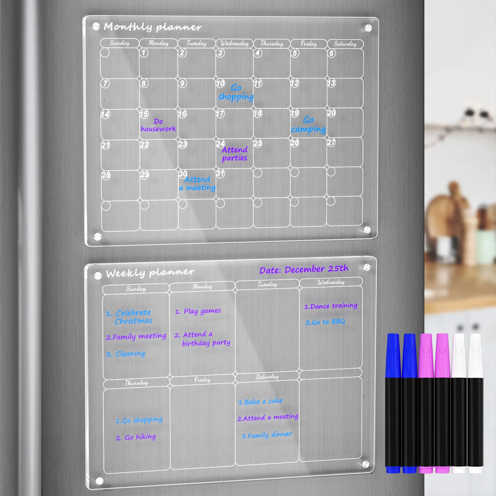 Perencana bulanan kulkas magnetik akrilik dengan kalender perencana mingguan penghapus kering papan putih untuk kalender dinding