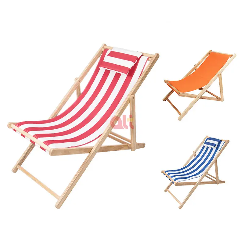 Silla de playa plegable con marco de madera para exteriores, tumbona con almohada para la cabeza