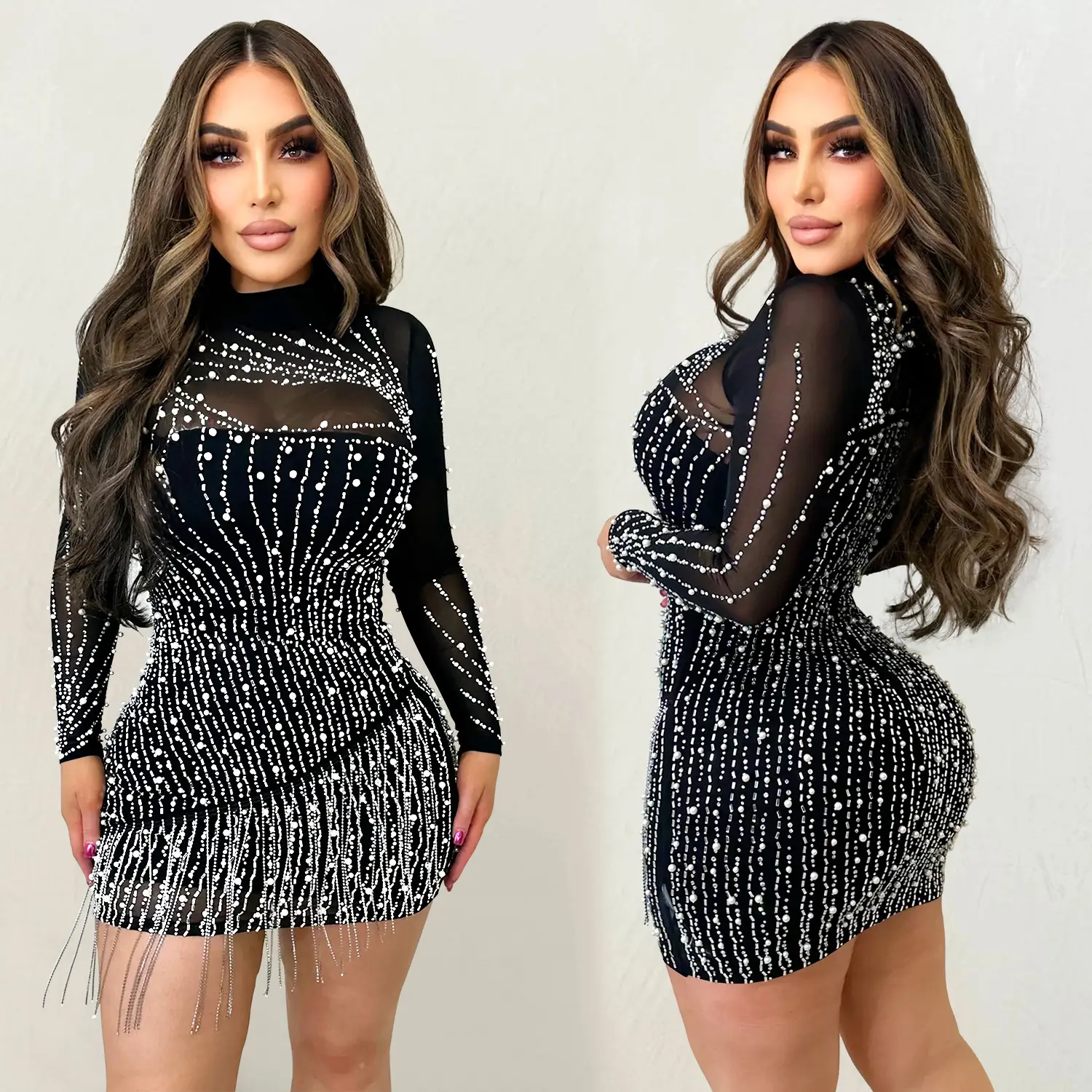 طويلة الأكمام شبكة خليط مصغرة قصيرة عالية الجودة فساتين النساء حزب Bodycon جديد