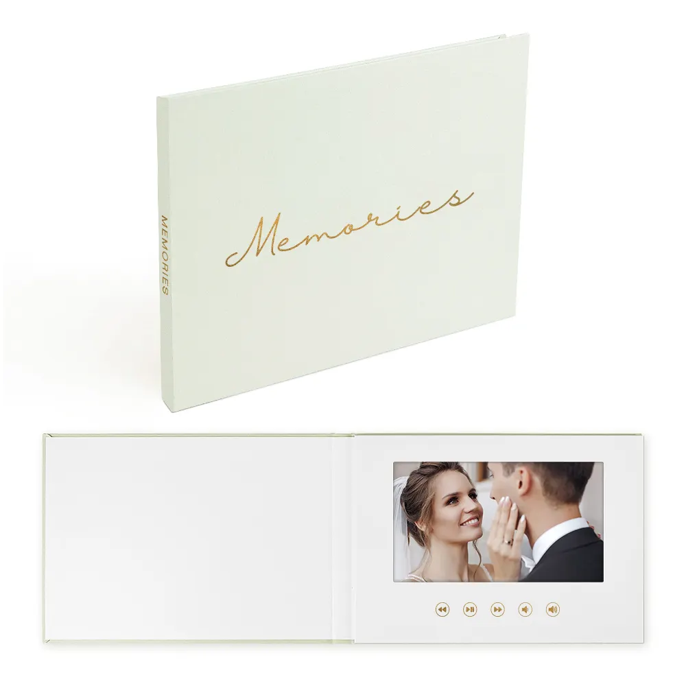 DIY Promotional Customized MEMORIES GOLD FOIL linen video book lcd display digital lcd video in print Wedding Video Album