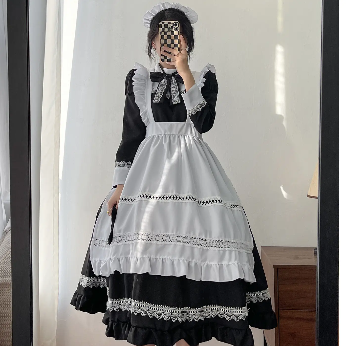 Plus Size Lolita Vestido Anime Cosplay Escola Menina empregada Uniforme Goth Lolita Preto Branco Vestido Medieval Manga Longa Avental Outfits