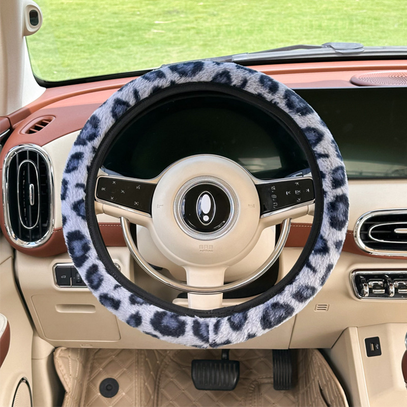 Rabbit fur leopard print steering wheel cover blue