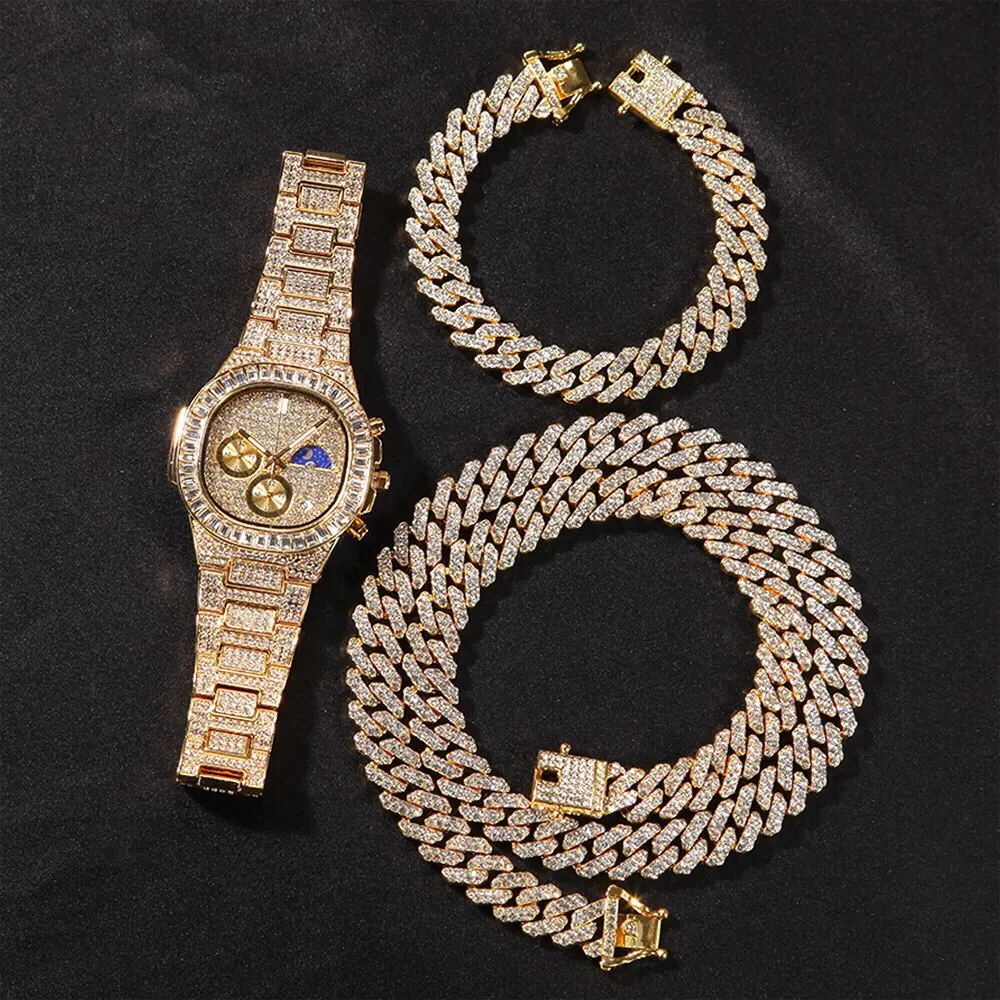Miami Cuban Link Chain Necklace and Bracelet Sets Iced Out Bling Watch Prata Moda Jóias Rose Gold Men Alta Qualidade 12mm XP