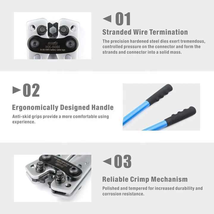 Battery Cable Lug Crimping Tool for 8, 6, 4, 2, 1, 1/0 AWG Heavy Duty Wire Lugs with Wire Shear Cutter