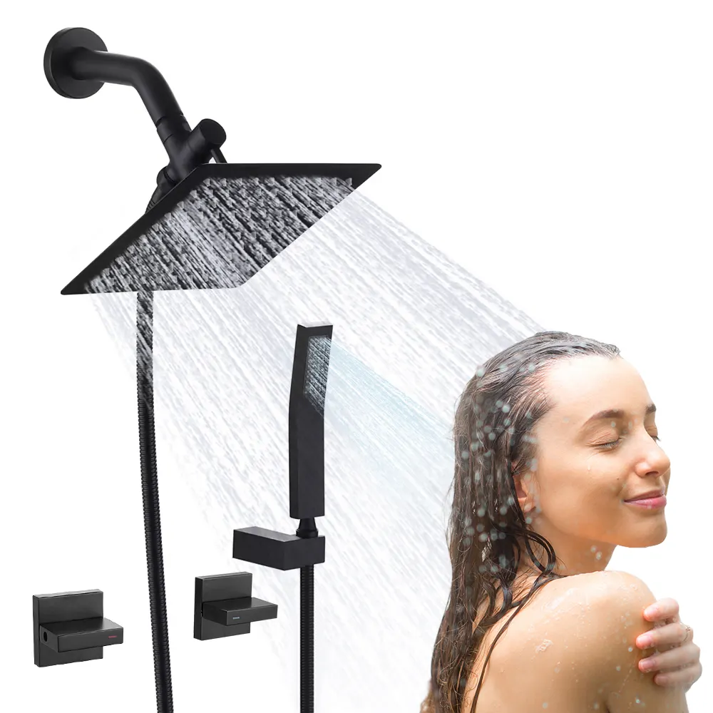 Grifo cuadrado de latón para bañera, caño de bañera, cabezales de baño inteligentes y duchas montadas, juego de mezclador de ducha con marca de agua oculta negra, grifo