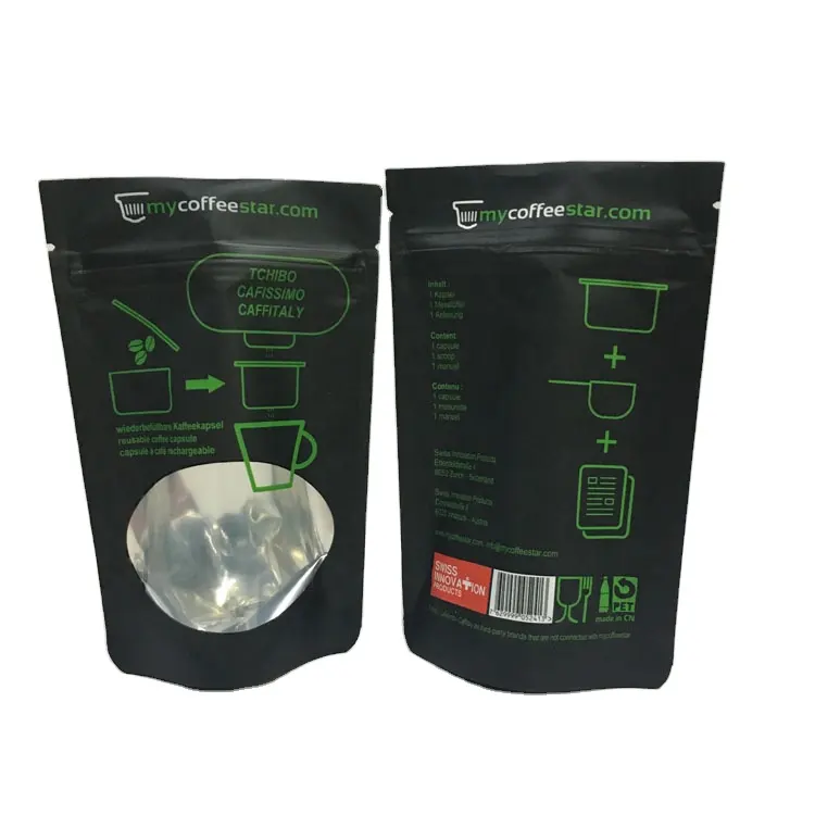 Koffie verpakking levert mini koffie zitzakken 50 gram venster op front matte zwart folie stand up pouch met een hersluitbare top