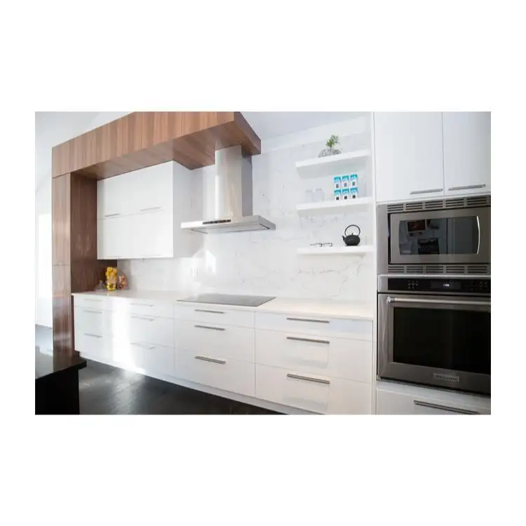 2023 Diseños de gabinetes de cocina Laca azul con estilo Island Shaker Juego de gabinetes de madera maciza Cocina
