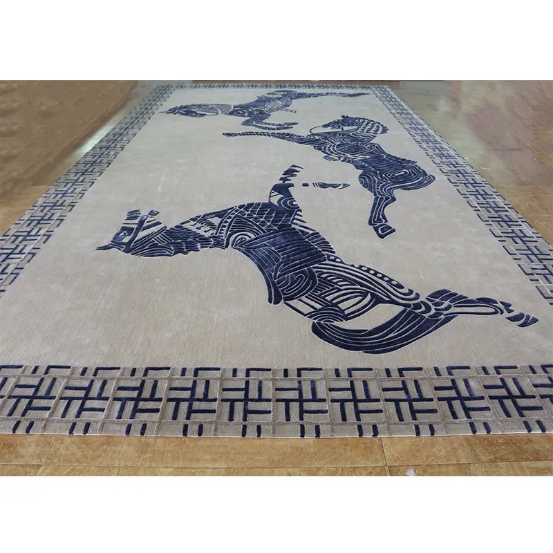 Tapis en laine et Viscose à motif de cheval gravé à la main, poils Beige, noir, offre spéciale