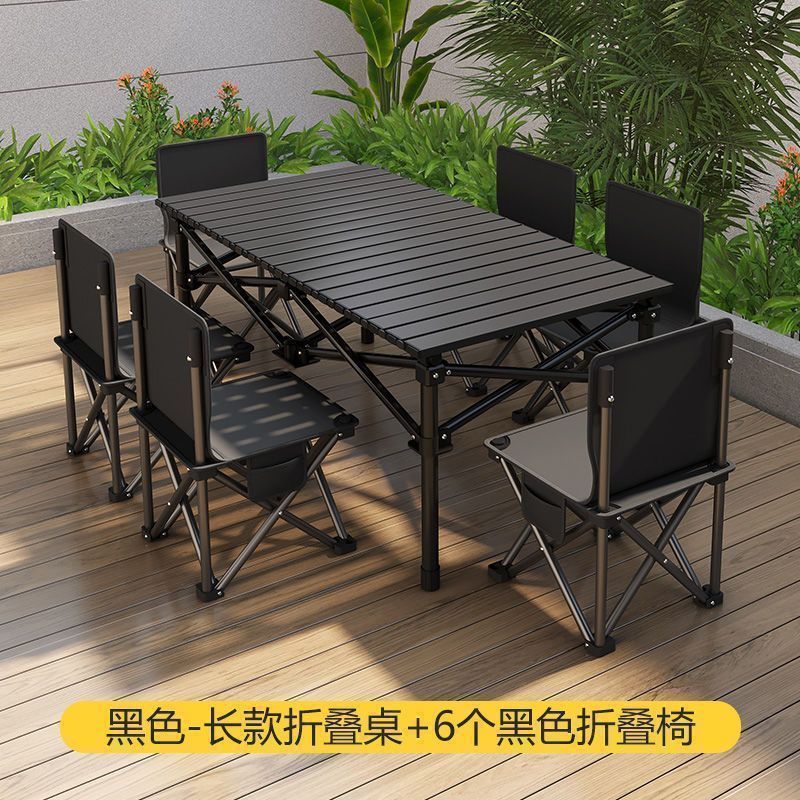 Black and silver colored 95cm long table with 6 36cm folding chairs