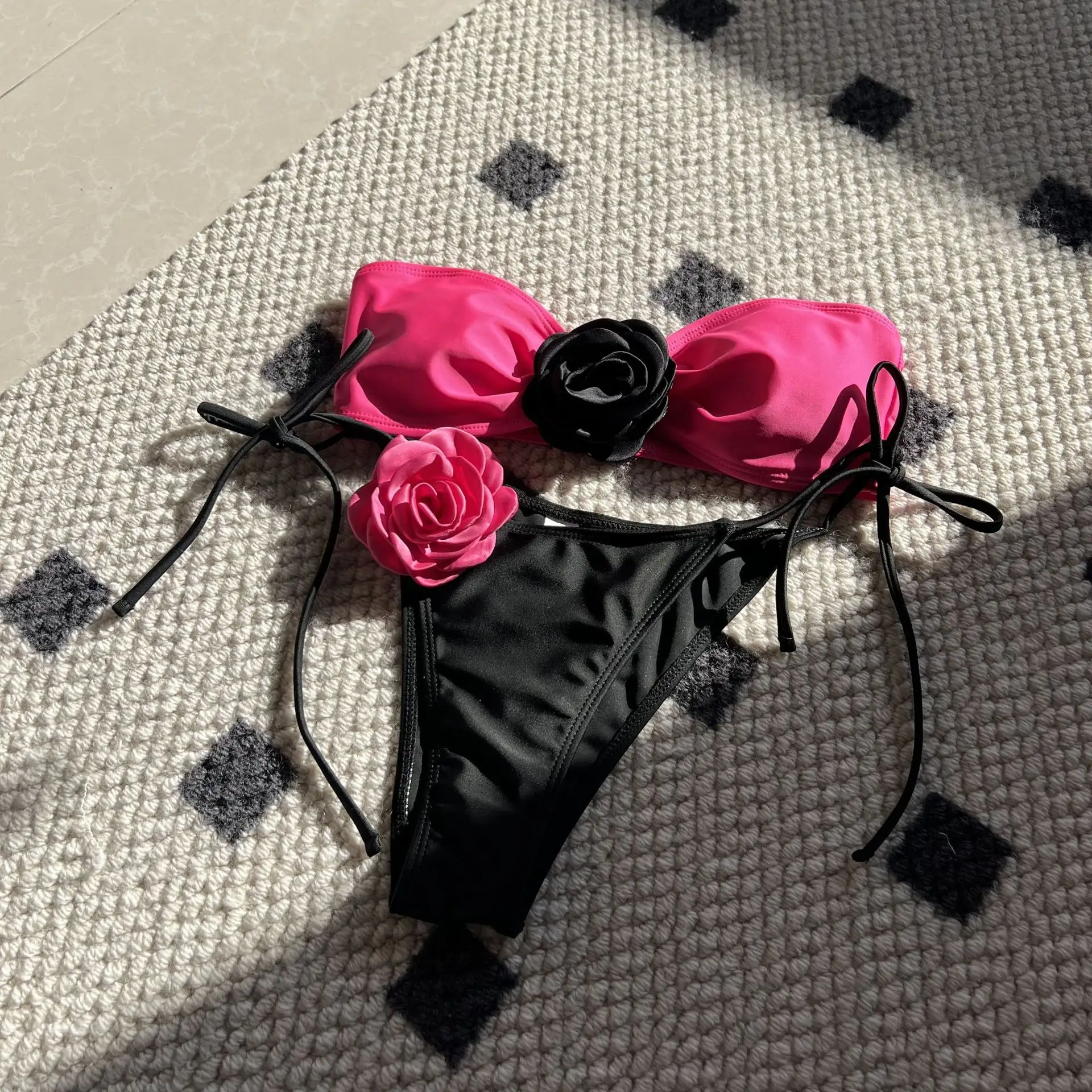 King Mcgreen Star nouveau Sexy 3D Rose fleur Bandeau sans bretelles Bikini femme maillot de bain maillots de bain 2 pièces Bikini rembourré baigneur