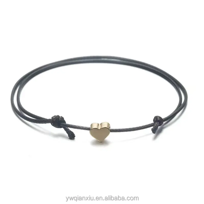 Pulsera con abalorio de corazón chapado en oro de 14 k para parejas, brazalete ajustable de cuerda roja, corazón de plata, hecha a mano