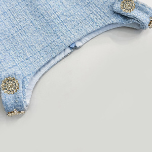 Spring/Summer 2025 Small Fragrant Style Coarse Floral Denim Simple and Elegant Sky Blue Water Diamond Button Sleeveless Dress - Product Image 3