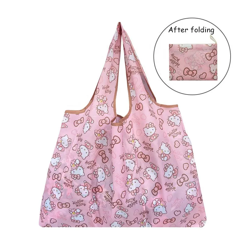 Sanrioed Small Folding Shopping Bag KT Kuromi Melody Cinnamoroll Anime Cartoon Shoulder Bag For Women Students Shopping