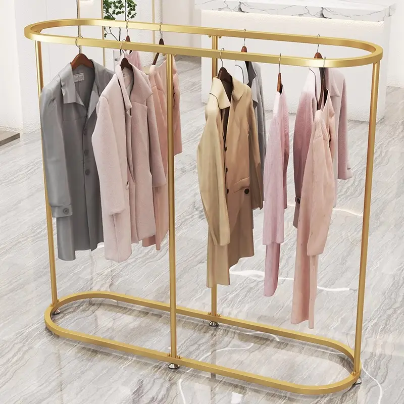 Expositor de roupas de metal para móveis boutique personalizados, suporte dourado para roupas femininas