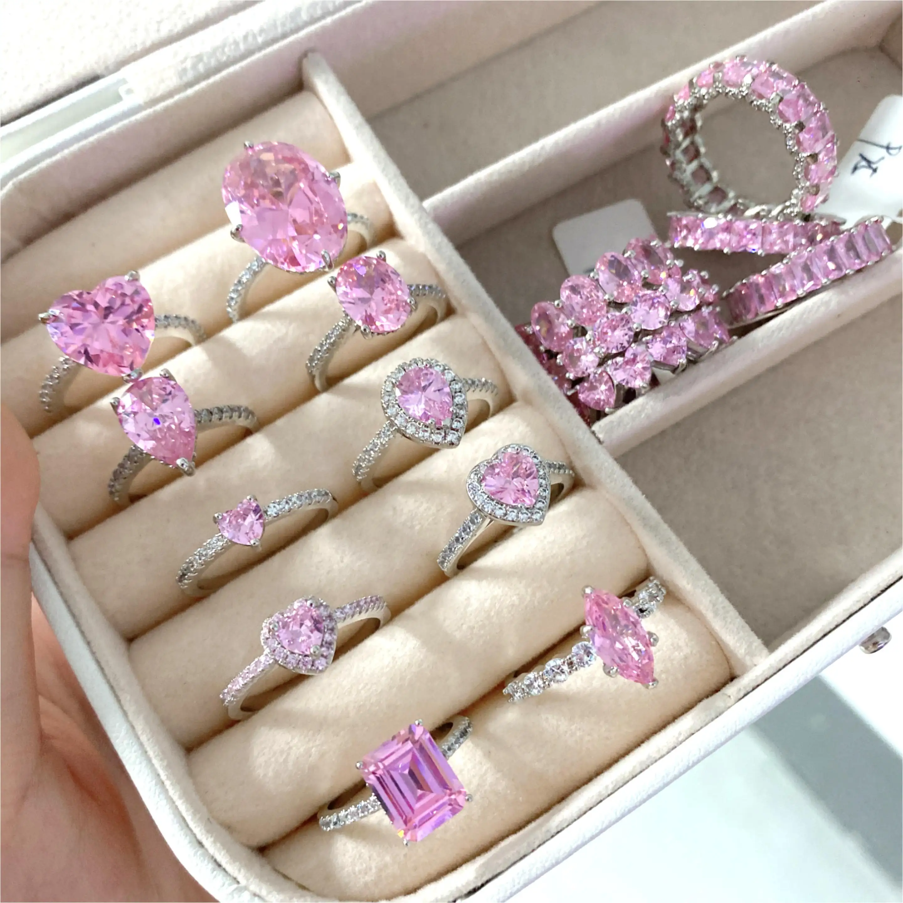 FOXI Bague en argent sterling 925 5A Luxury Lovely Heart poire ovale ice cut gemstone non ternir silver Pink ring set for women