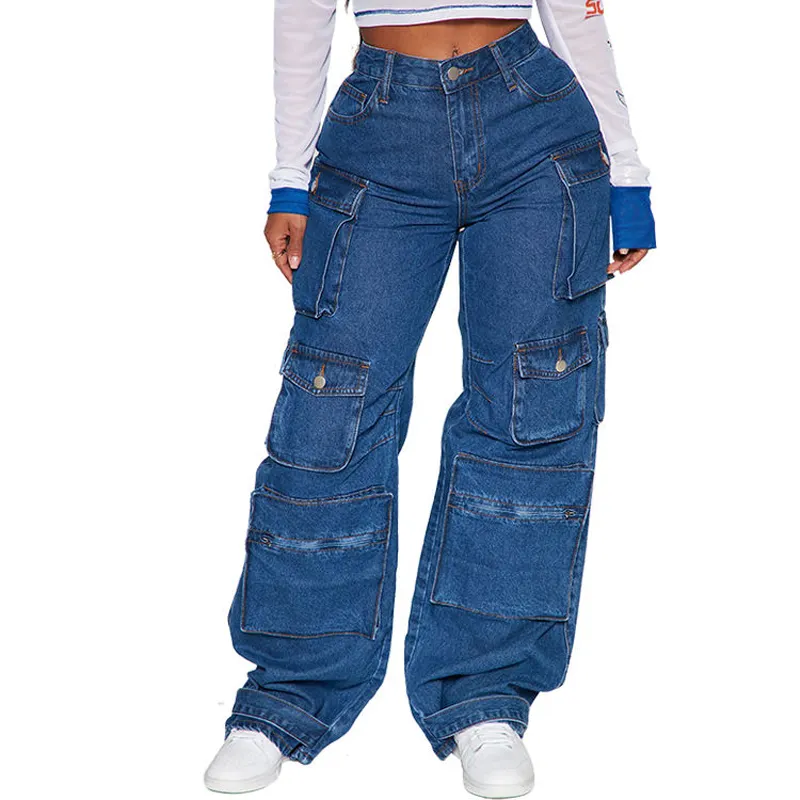 กางเกงยีนส์ขาบานเอวสูงสำหรับผู้หญิงกางเกงยีนส์ทรงหลวมมีหลายกระเป๋าขนาดใหญ่พิเศษอบอุ่น
