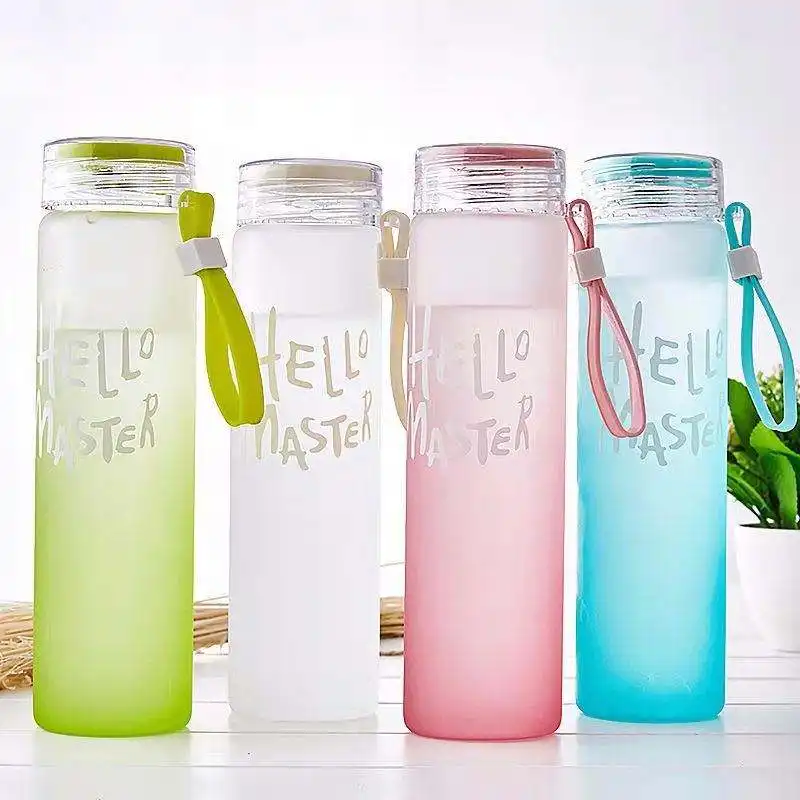 wholesale gift promotional colorful letter glass water bottle with cover frosted portable bottle glass drinking