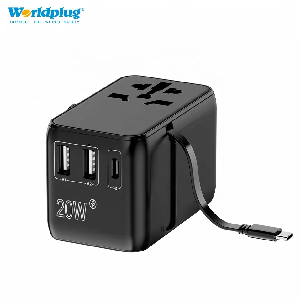Worldplug 사용자 정의 전원 충전기 어댑터 2 USB 및 유형 c가있는 전세계 여행 플러그 범용 어댑터