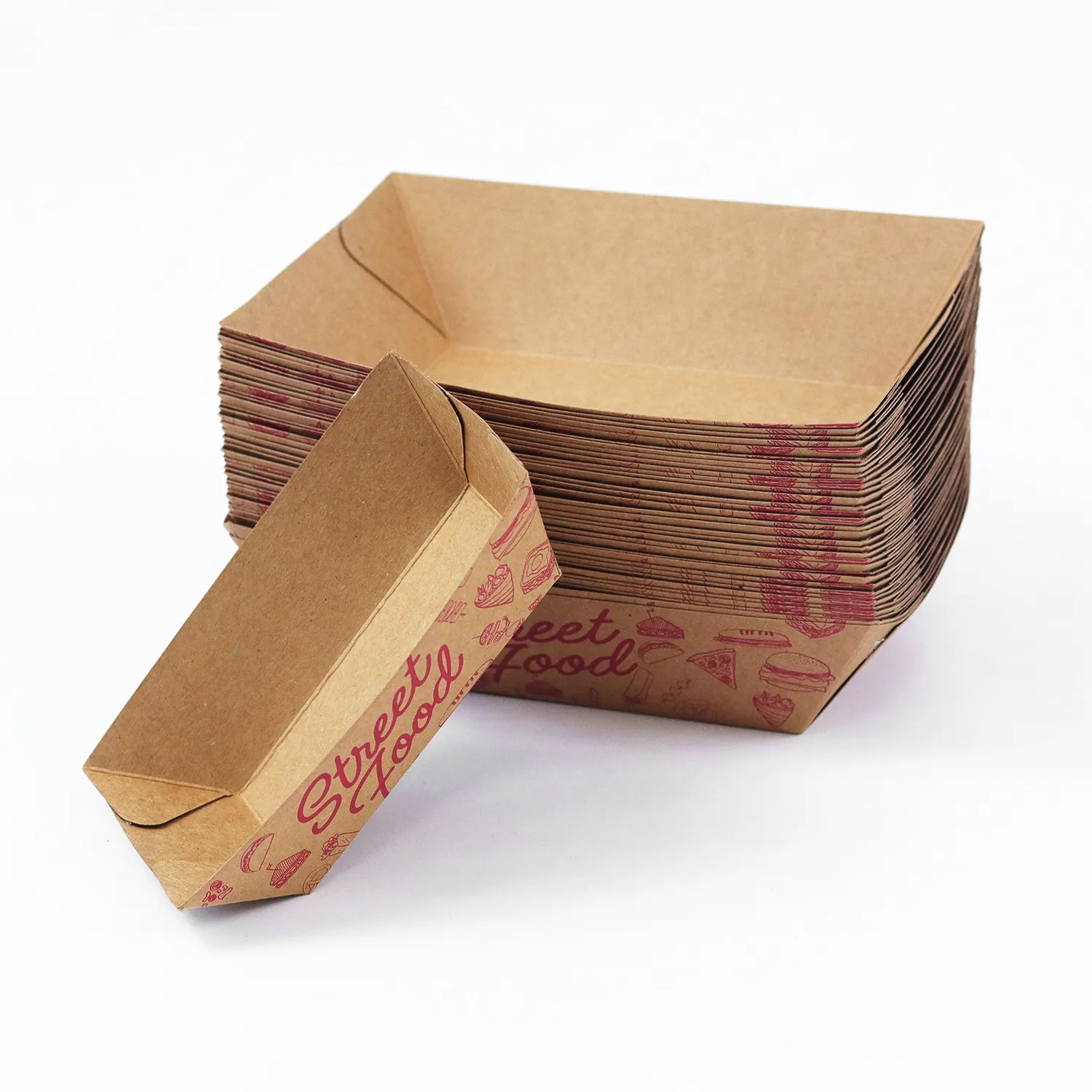 Plateaux jetables pour hot-dog kraft Vente en gros Carton Plateau en papier alimentaire Boîte à croustilles Boîte à emporter Plateau bateau