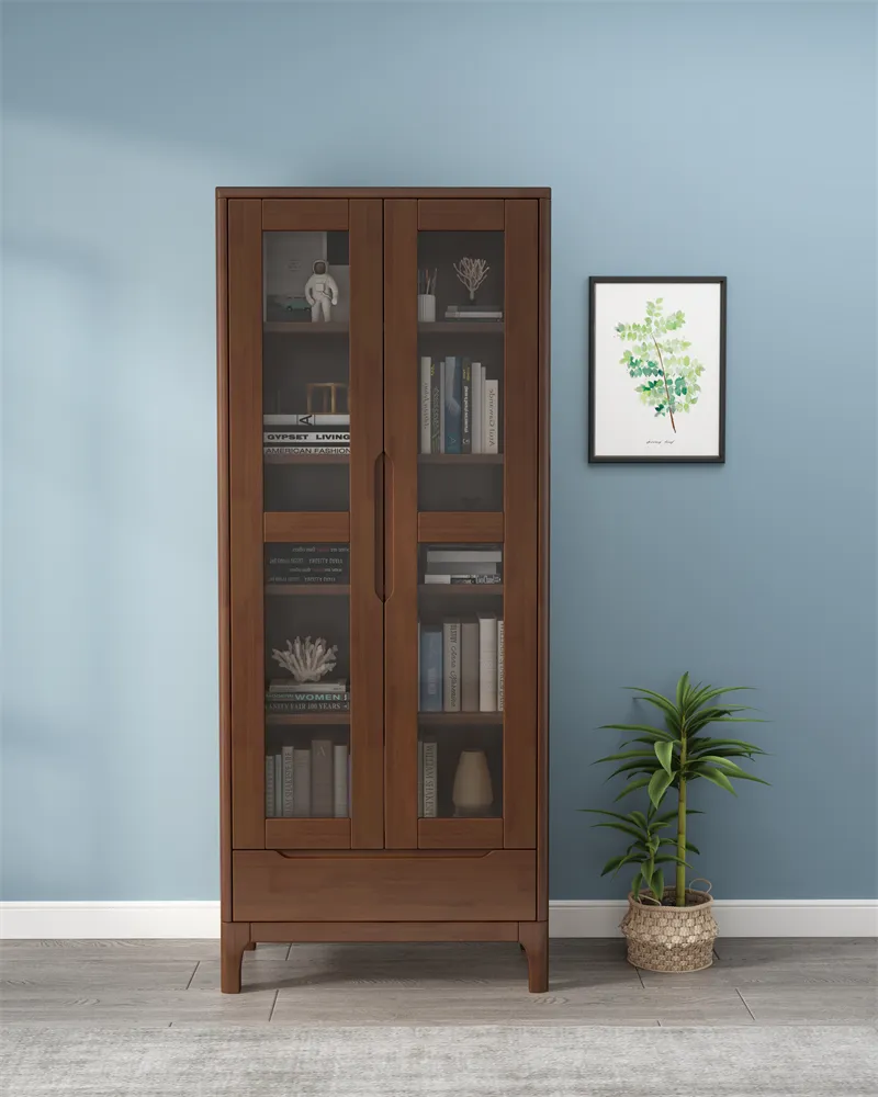 Nordic solid wood oak bookcase with toughened glass with door to display wide book cabinet