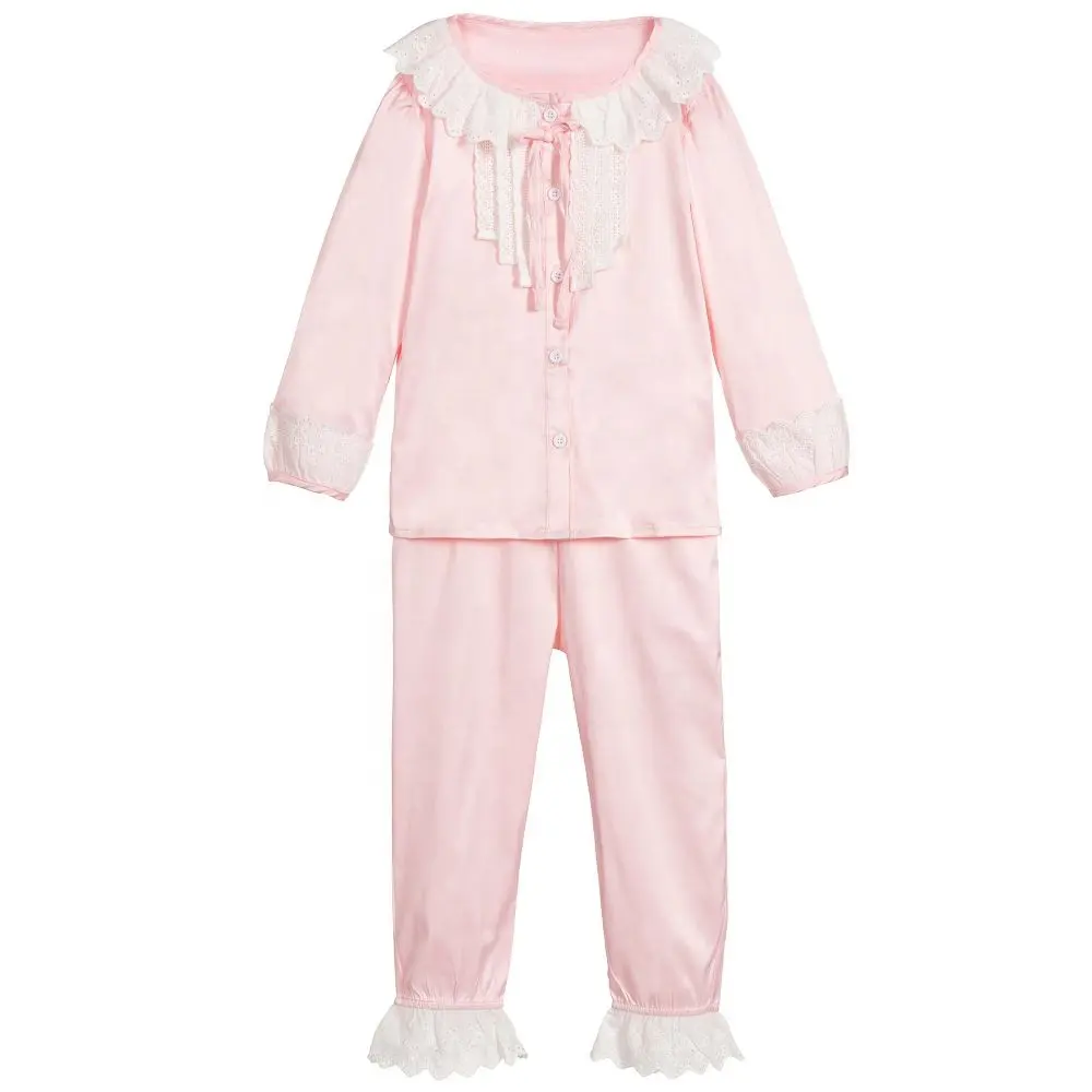 Conjunto de pijama rosa con cuello redondo para niños y niñas, ropa de dormir suelta con adornos de encaje, venta directa de fábrica