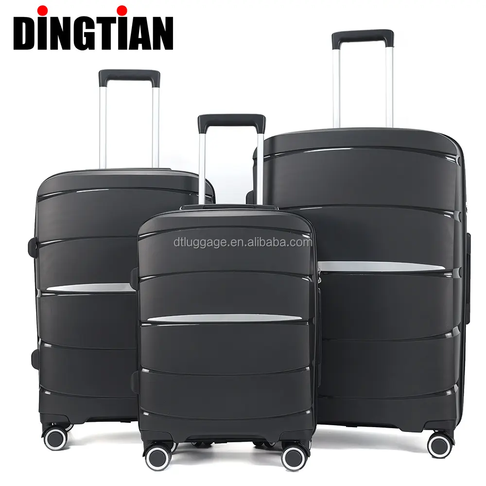 Groothandel 3 Stuks Set Nieuwste Ontwerp Pp Handbagage Koffer Zwart Kleur Spinner Bagage Aangepaste Logo Reiswagen