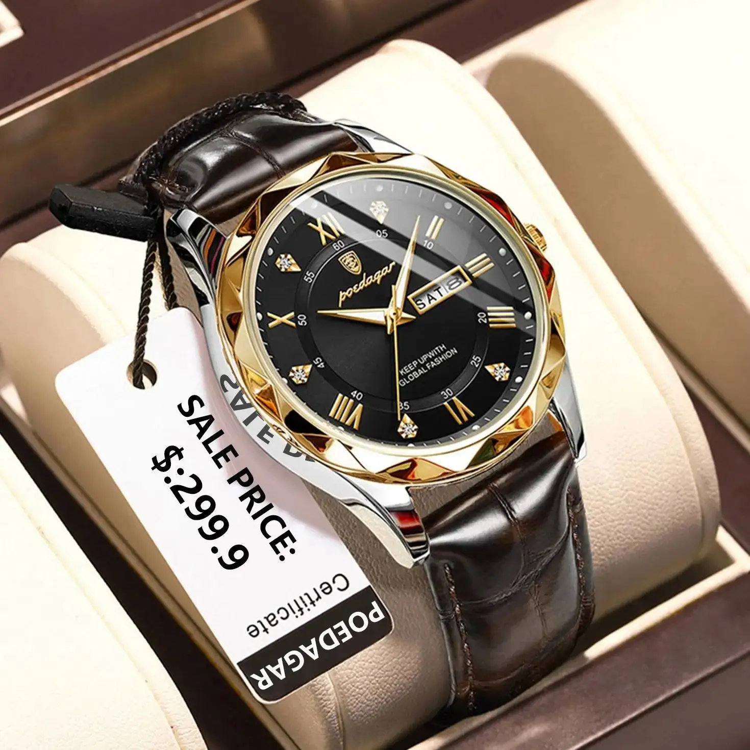 POEDAGAR615高級ビジネスマン腕時計防水ルミナスデイトウィークスポーツ腕時計メンズクォーツレザーメンズ腕時計