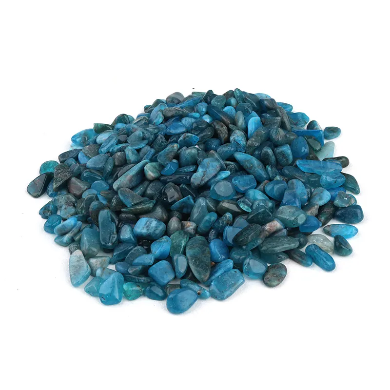 Piedras curativas naturales de alta calidad al por mayor, virutas de cristal, piedra de grava, virutas de apatita azul, piedra preciosa de cristal pulida a granel