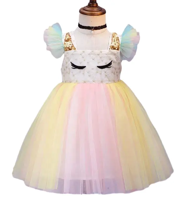 Оптовая продажа на заказ платье с короткими рукавами в радужную разноцветное платье для маленьких девочек платье принцессы на день рождения с расшитым пайетками для От 2 до 12 лет, сделанные в Китае