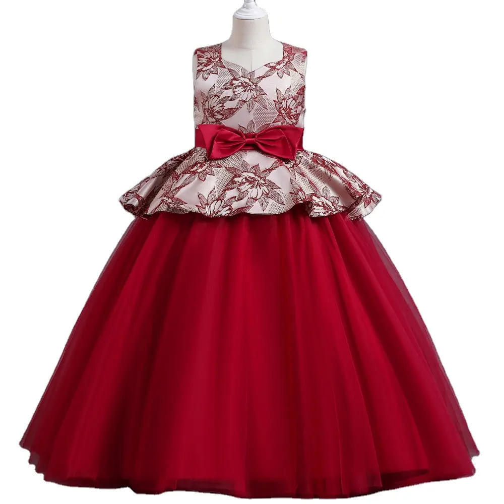 Abito da sposa per bambini in stile europeo fiore rosso moda per bambini vestito da ragazza per 8 anni vestito da compleanno per ragazza rossa con fiocco grande