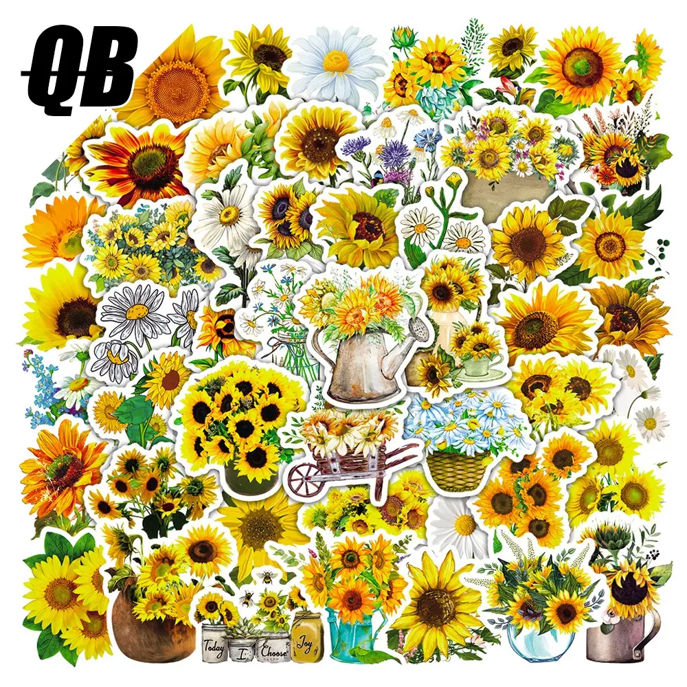 50Pcs Yellow Sunflower Flower Sticker Pack For Girl Scrapbook Diary Journal Laptop Bottle Decorative Decal