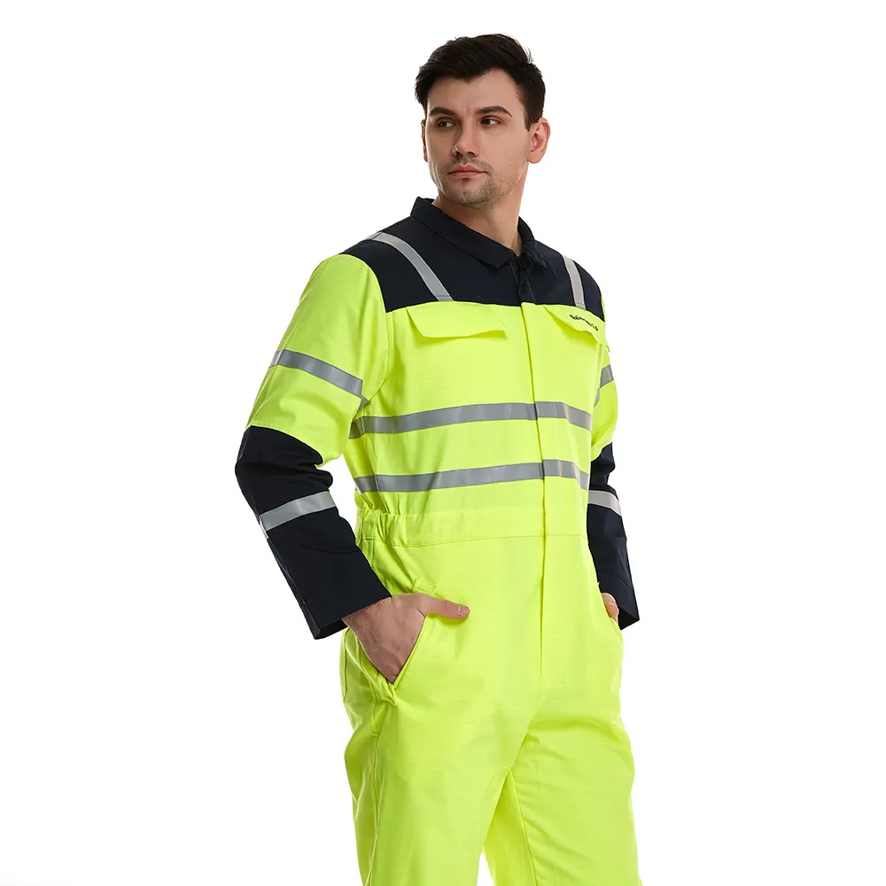 Hi Vis Coverall reflektif untuk pria, pakaian Jumpsuit kerja konstruksi jalan raya visibilitas tinggi keamanan industri