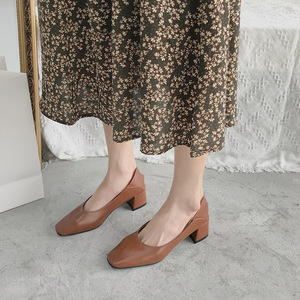 Retro square Toe Thick Heel Shallow Mouth <strong>Net</strong> Temperament Casual Girls Single Shoes 2020008