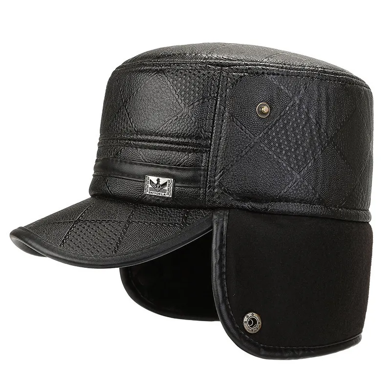 Chapeaux de cadets plats et ronds en laine épaisse coupe-vent en cuir PU noir casquettes d'hiver chapeaux avec oreillettes