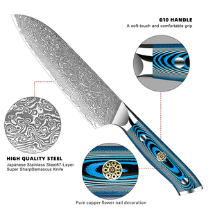 Juego de cuchillos de Chef de cocina profesional, hojas de acero de Damasco con estampado de gota de lluvia de caballo azul con mango de madera Pakka para cocinar - Product Image 6