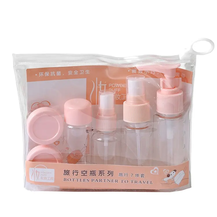 IBELONG Großhandel 7pcs Clear Plastic Kit Reise Kosmetik flaschen gläser Set mit Kunststoff Reisetasche Lieferant