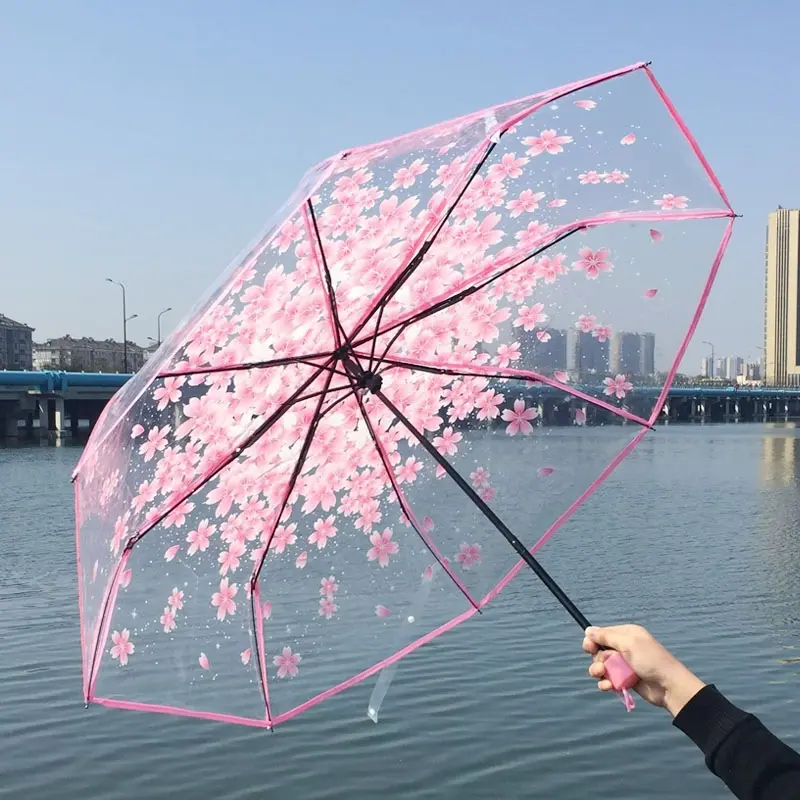 Groothandel Sakura Patroon Transparante Winddicht Regendicht Zonnescherm Paraplu Goedkope Regen Clear Paraplu Uv Bloem Mooie Paraplu
