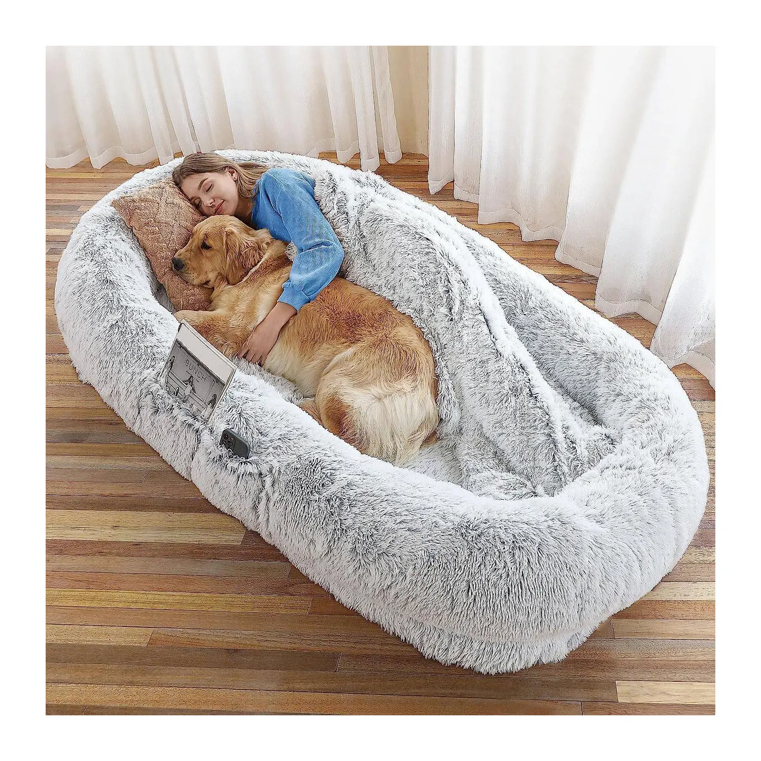 Queeneo tempat tidur anjing manusia halus, tempat tidur hewan peliharaan besar tahan air busa memori Faux mewah antibakteri dapat dicuci Anti selip