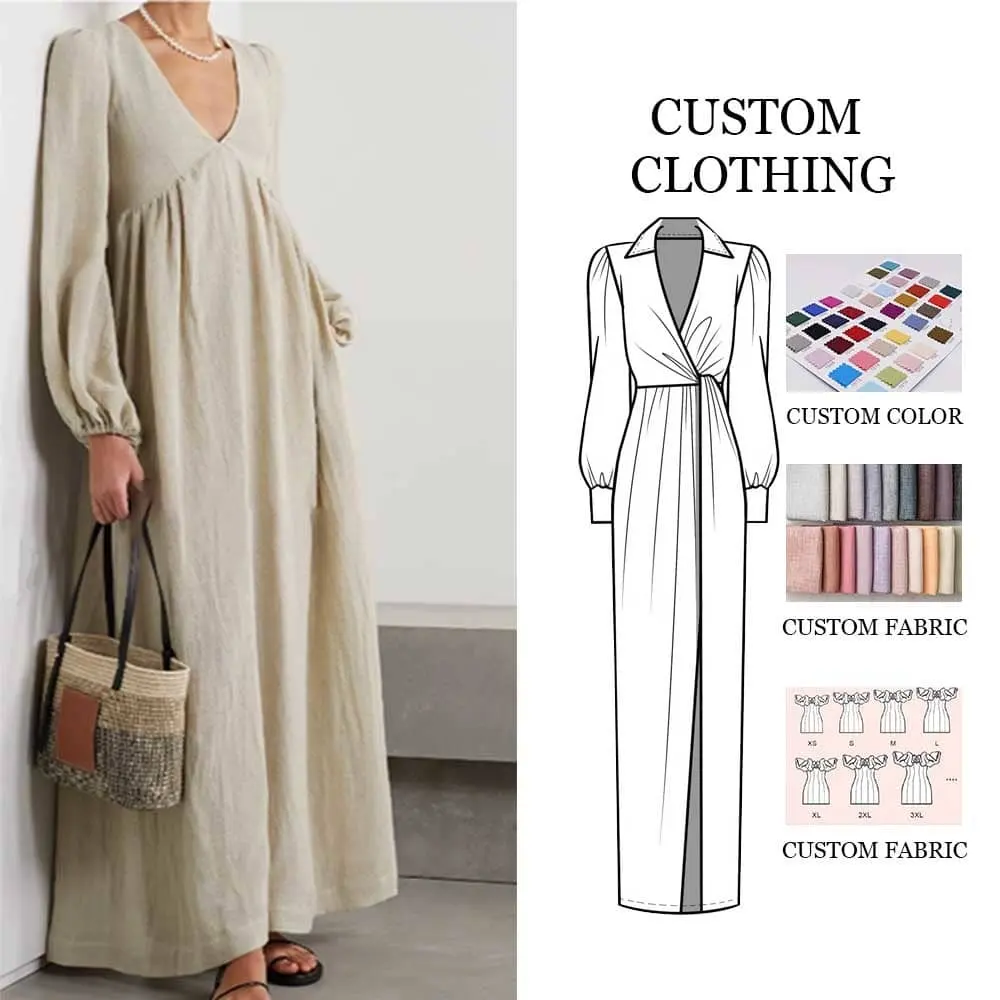 personnalisé haut de gamme automne vêtements OEM élégant Maxi Dames à manches longues Femmes robe casual 100% Lin Robes
