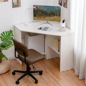 Diseño de ahorro de espacio Mesa de esquina triangular de 90 grados Escritorio de computadora Escritorio con estante principal y estantería - Product Image 2