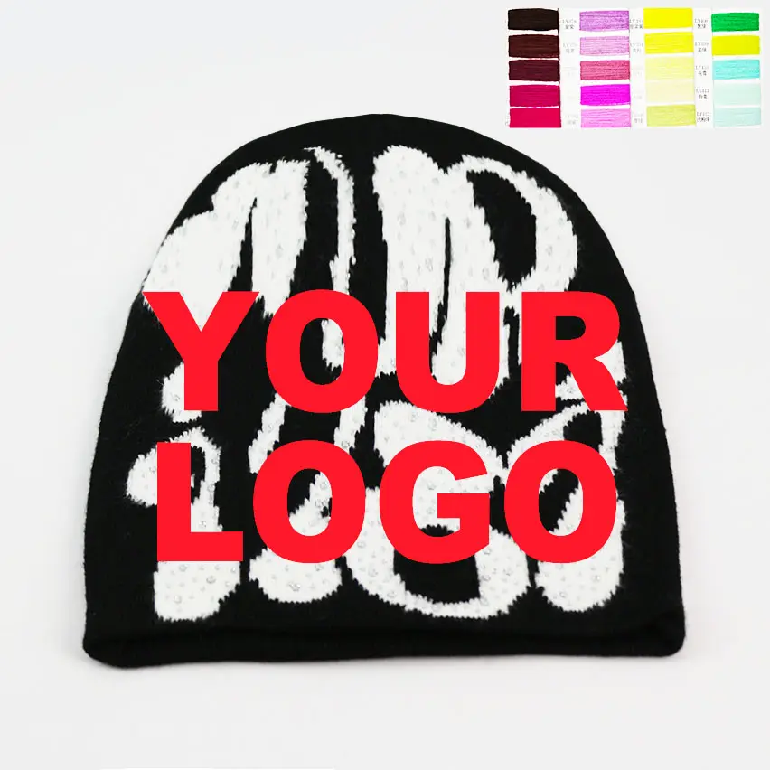 HK48 vente en gros acrylique 2 tons personnalisé Beny gorro logo surdimensionné tricoté strass hiver tricot jacquard bonnet chapeaux pour femme