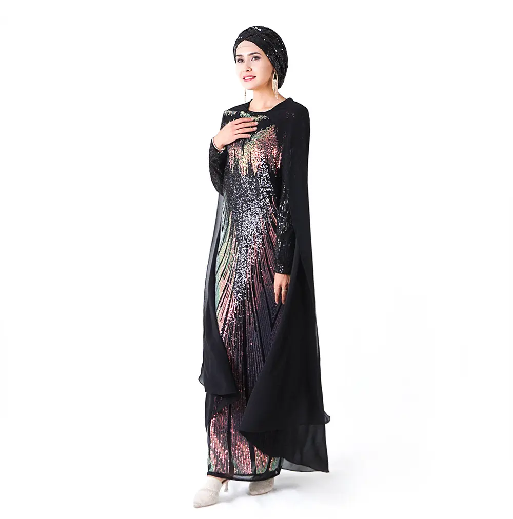 Toptan müslüman pullu işlemeli pelerin uzun etek arapça türk çarşaf İslami akşam elbise 2182